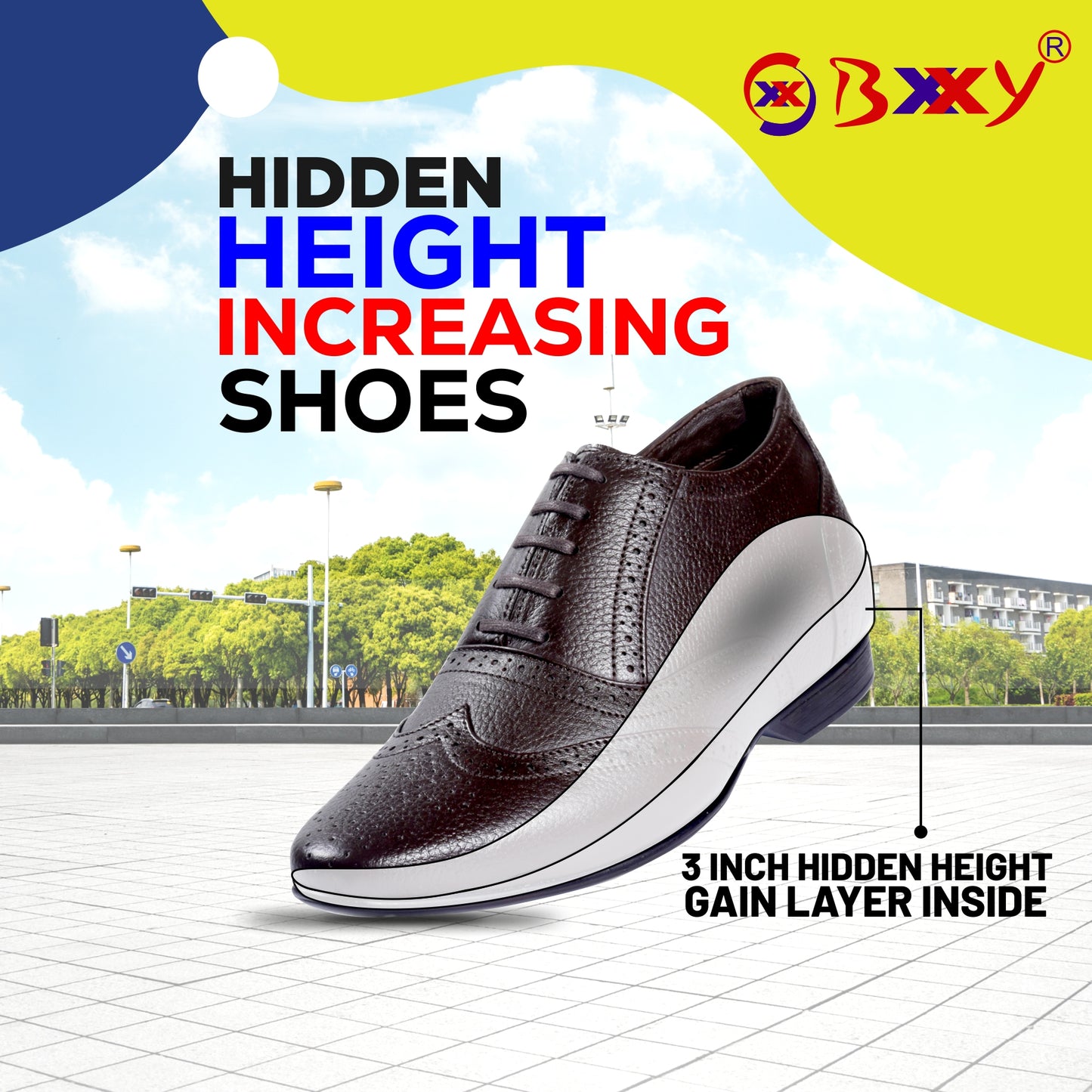 BXXY 3 Inch Height Increasing Formal Lace-up Brogue Oxford Shoes For Men