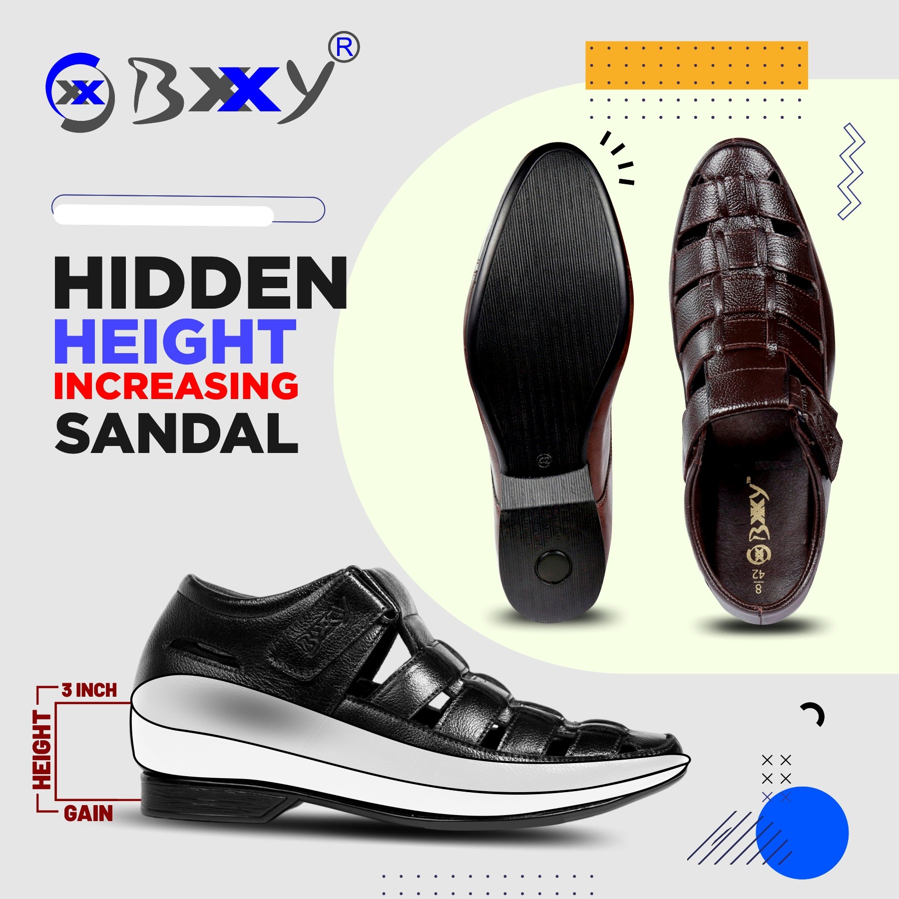 Buy 3 Inch (7.6 cm) Height Increasing Casual Faux Leather Black Roman  Sandals for All Occasion (Instant 3 Inches Hidden Height Gainer)-7 UK  Online at Lowest Price Ever in India | Check