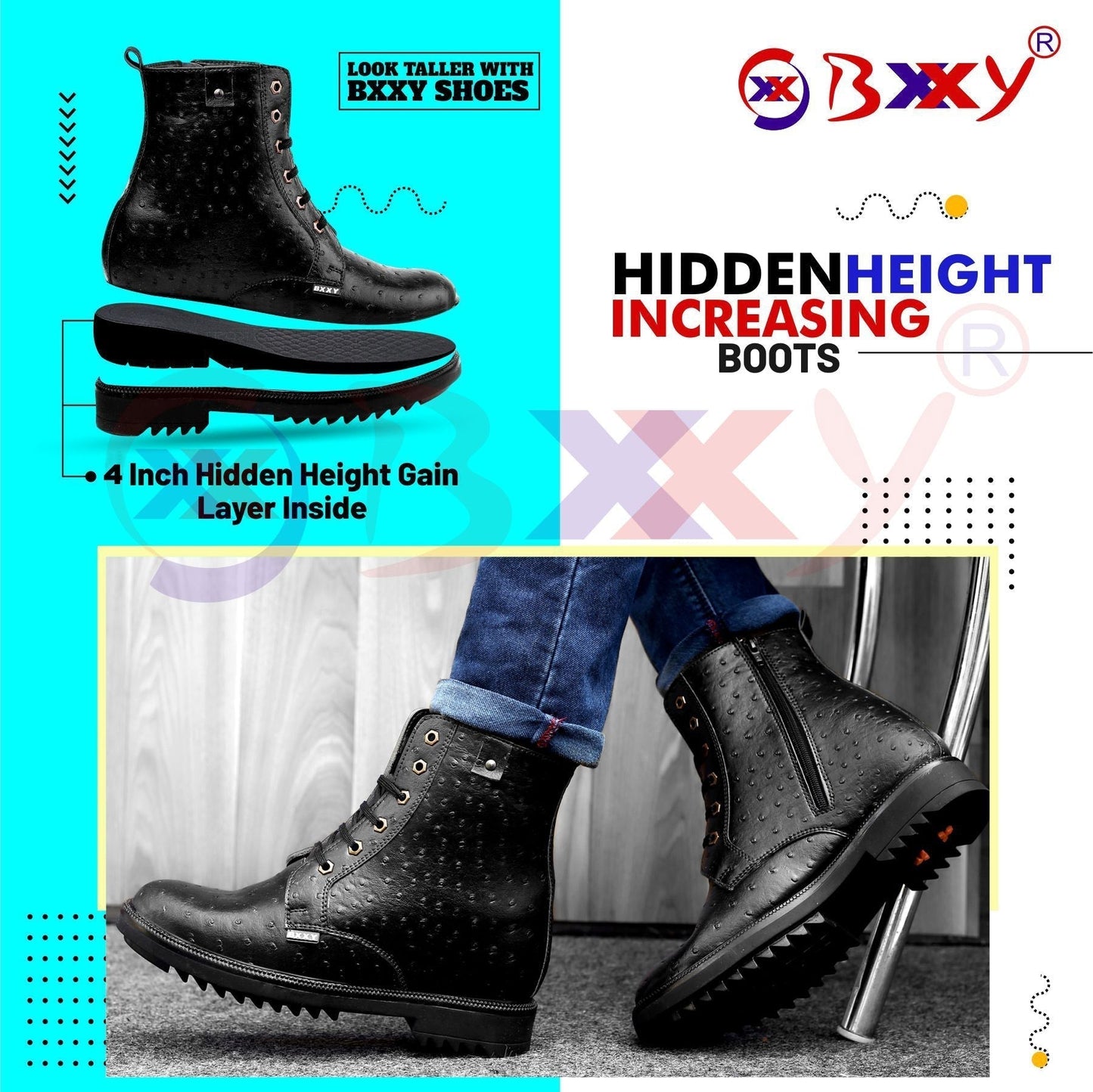 Bxxy 4 Inch Hidden Height Increasing Fashionable High Ankle Boots For Men