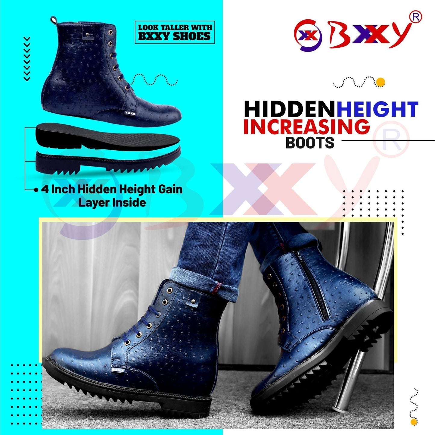 Bxxy 4 Inch Hidden Height Increasing Fashionable High Ankle Boots For Men