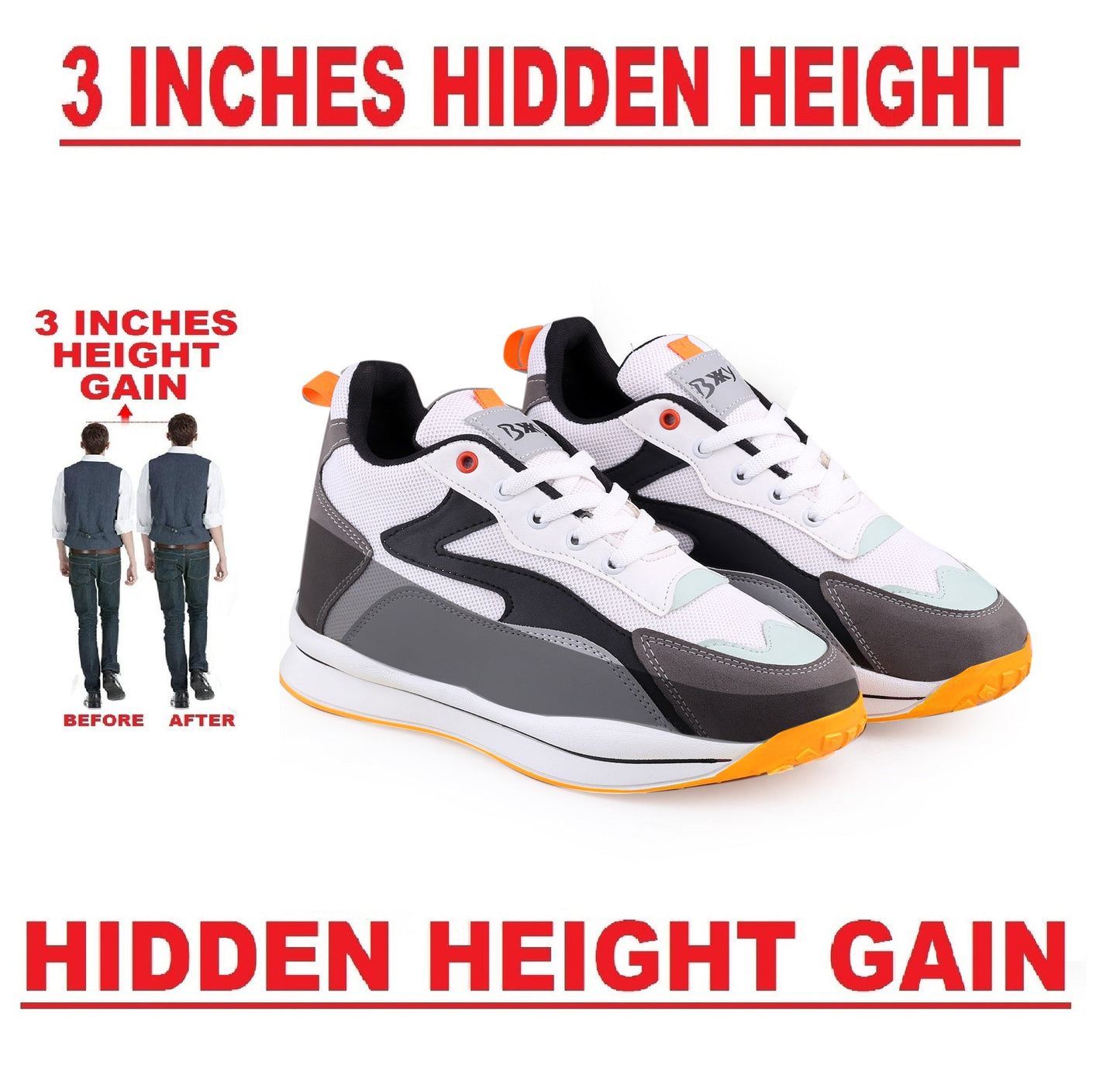Bxxy's 3 Inch Hidden Height Increasing Elevator Sports Casual Lace-up Shoes