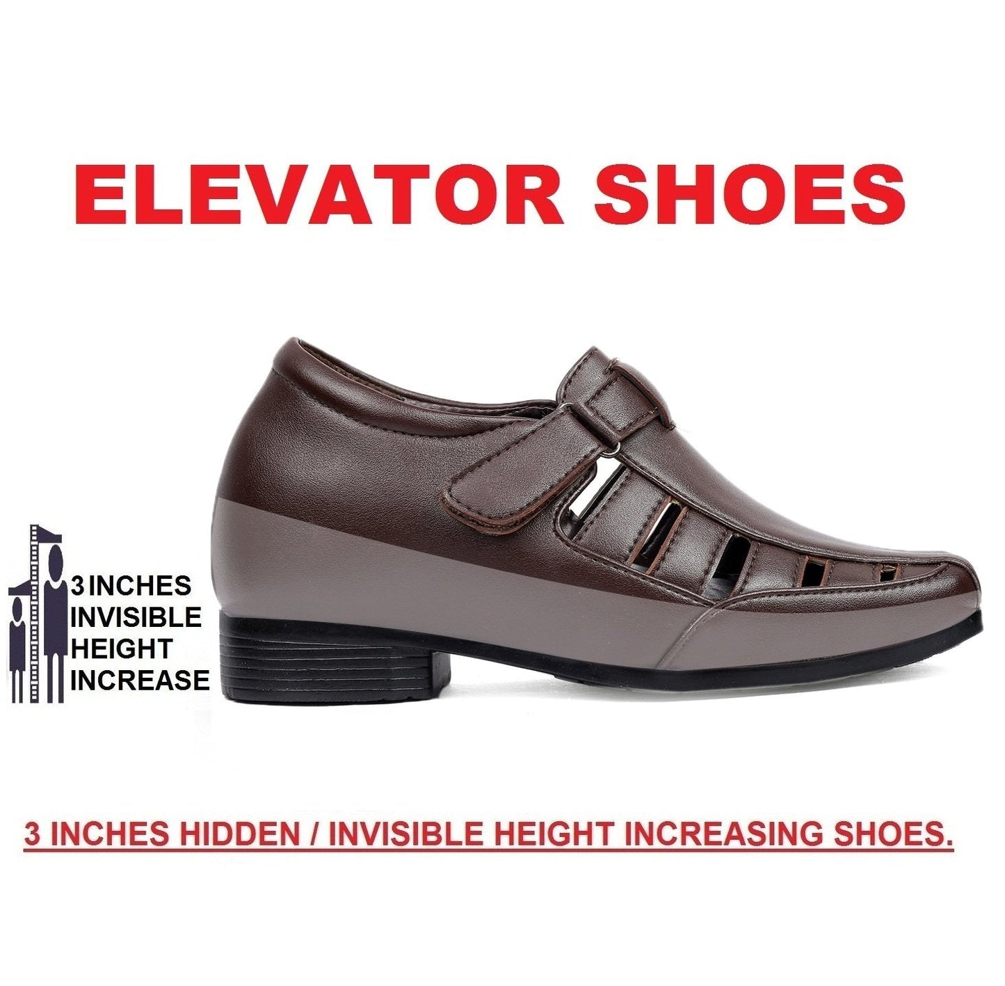 Men's 3 Inch Hidden Height Increasing Elevator Velcro Sandals