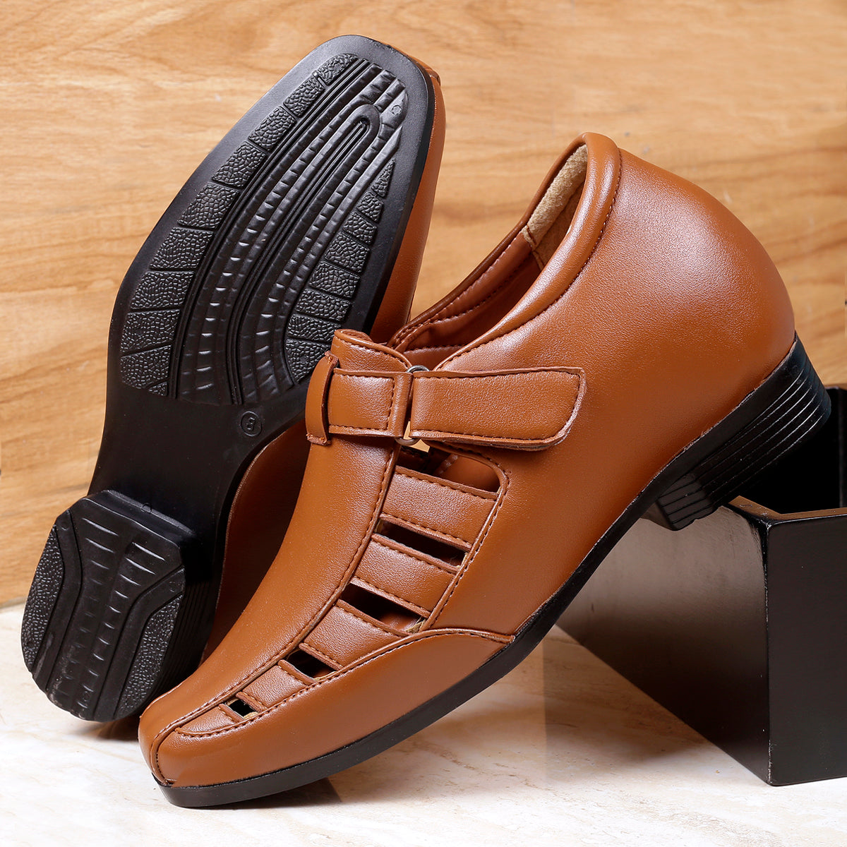 Bxxy's 3 Inch Hidden Height Increasing Elevator Faux Leather Sandals for Men