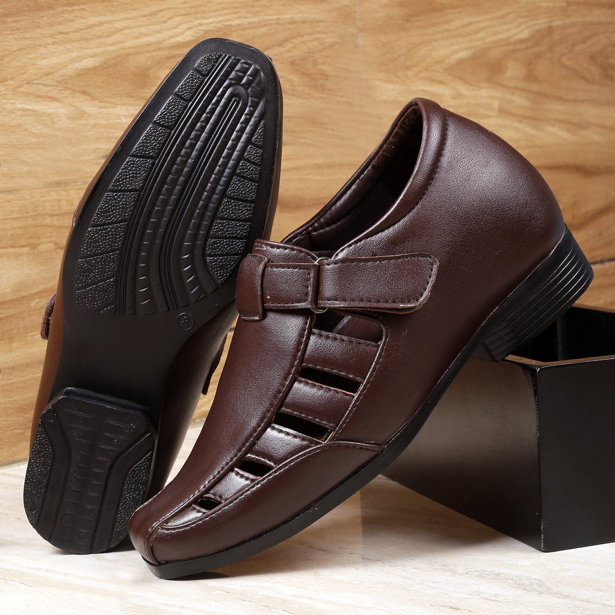 Bxxy's 3 Inch Hidden Height Increasing Vegan Leather Roman Sandals for Men