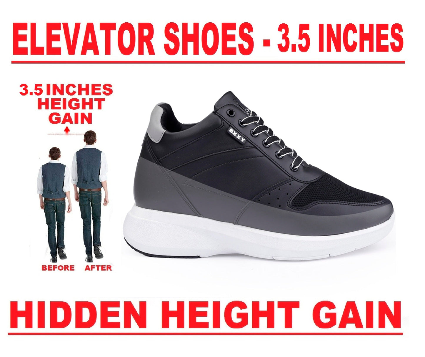 Men's 3.5 Inch Hidden Height Increasing Faux Leather Material Casual Sneaker Lace up Shoes