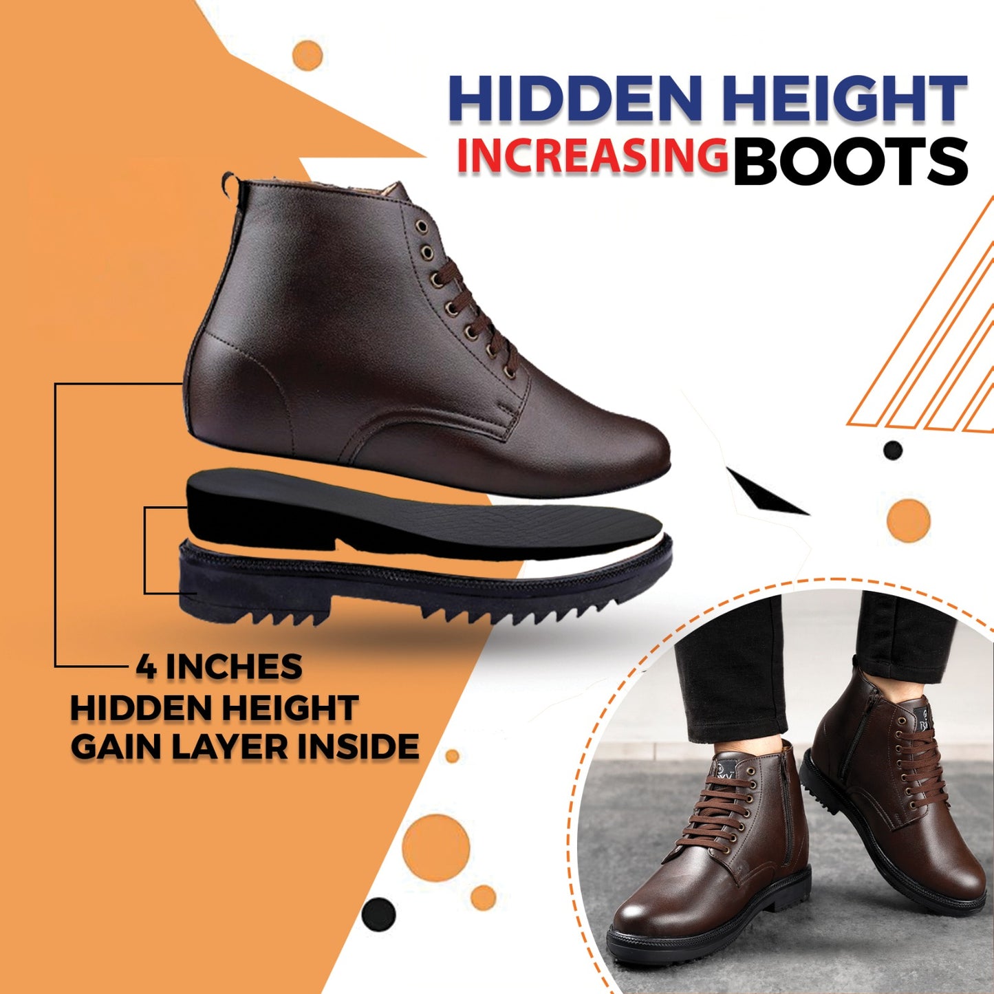 Men's 4 Inch Hidden Height Increasing Boot in Eva Sole