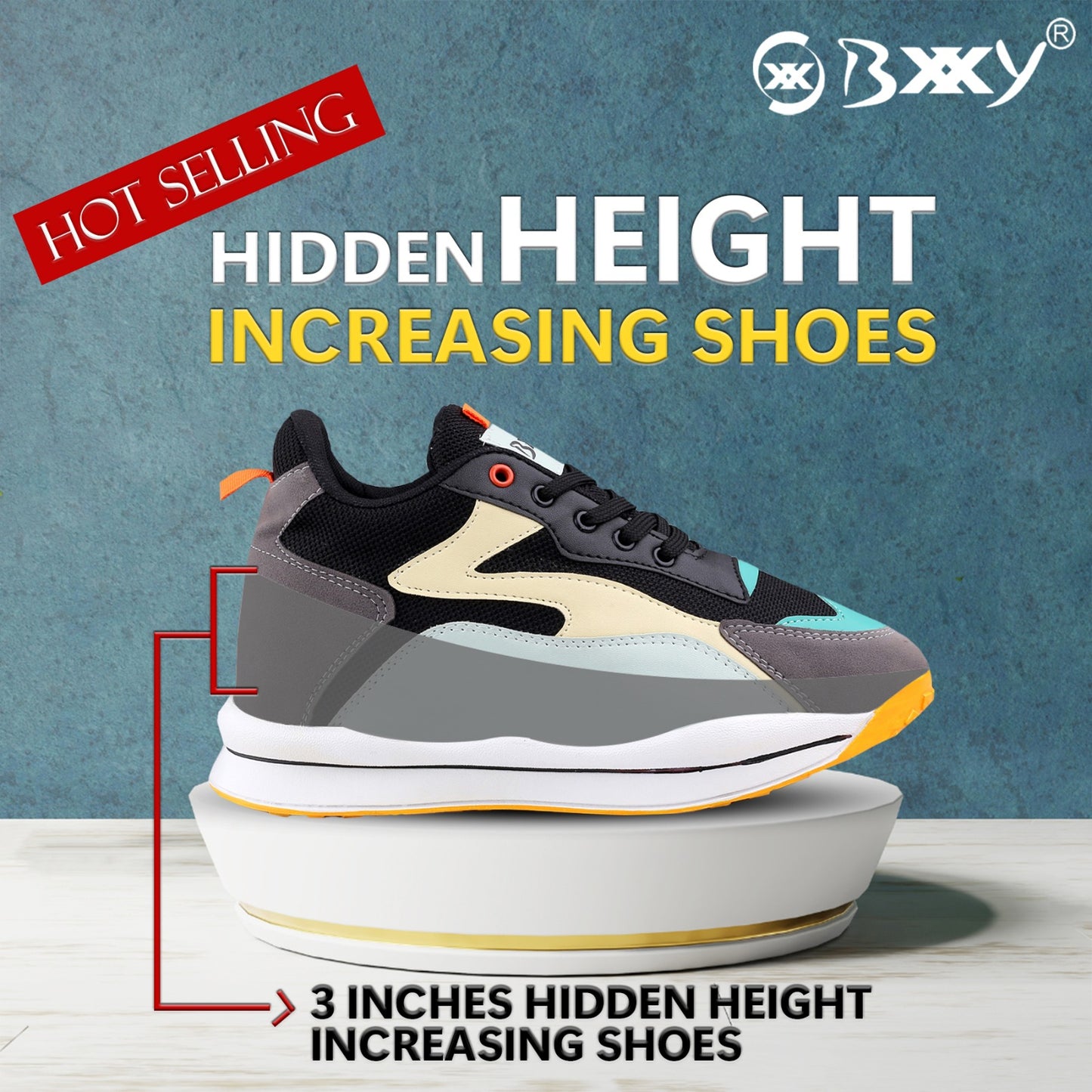 Bxxy Men's Stylish 3 Inch Hidden Height Increasing Casual Sports Lace-Up Shoes.