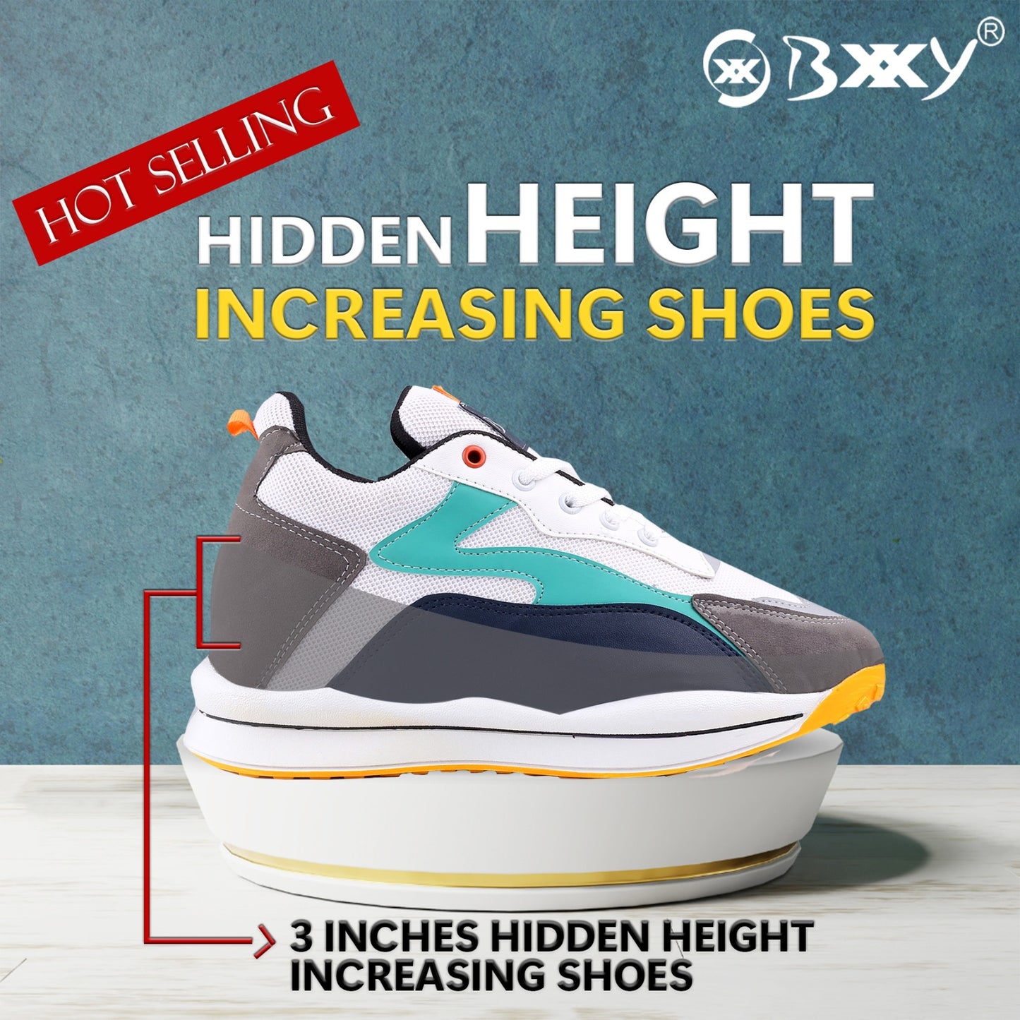 Bxxy Men's Stylish 3 Inch Hidden Height Increasing Casual Sports Lace-Up Shoes.