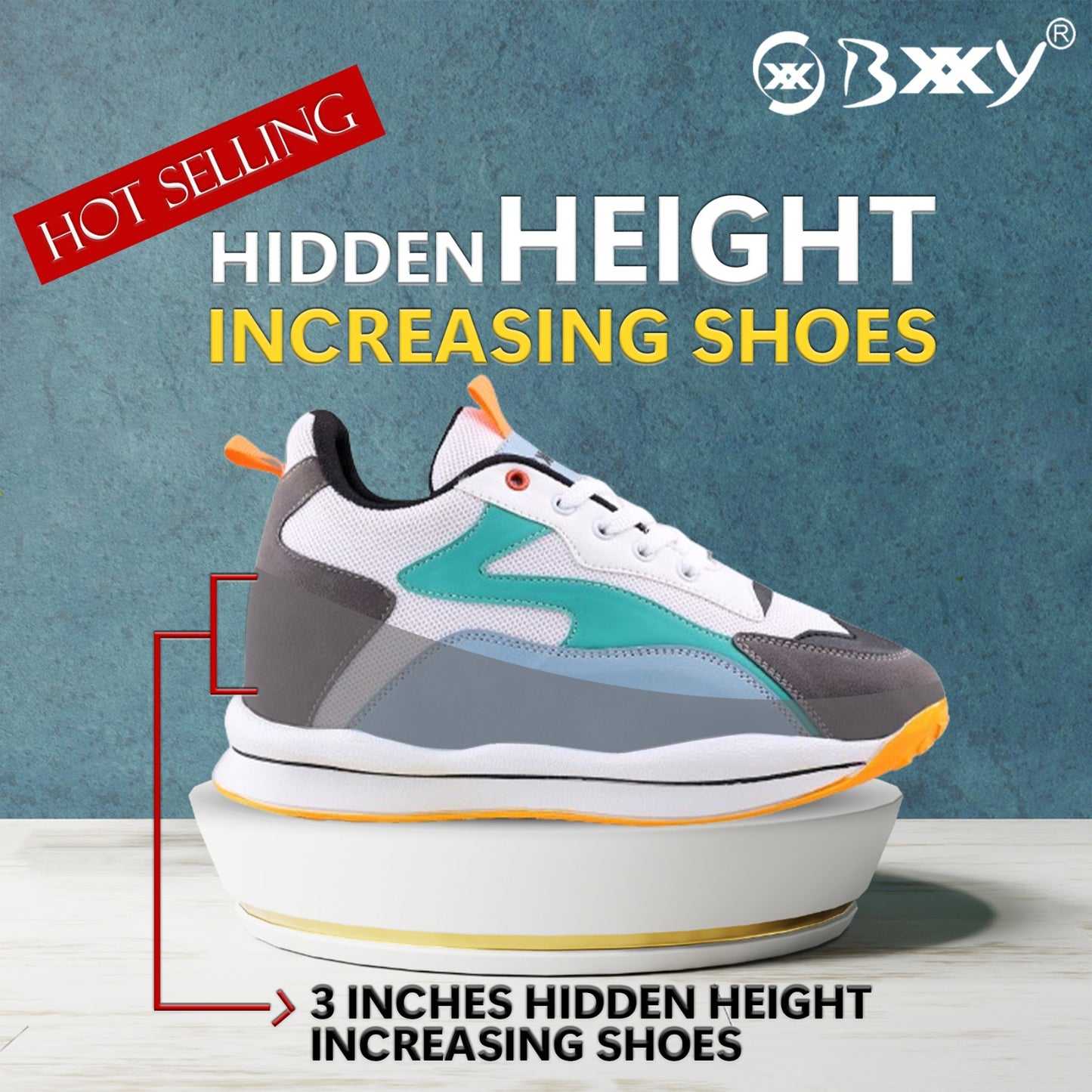 Bxxy Men's Stylish 3 Inch Hidden Height Increasing Casual Sports Lace-Up Shoes.