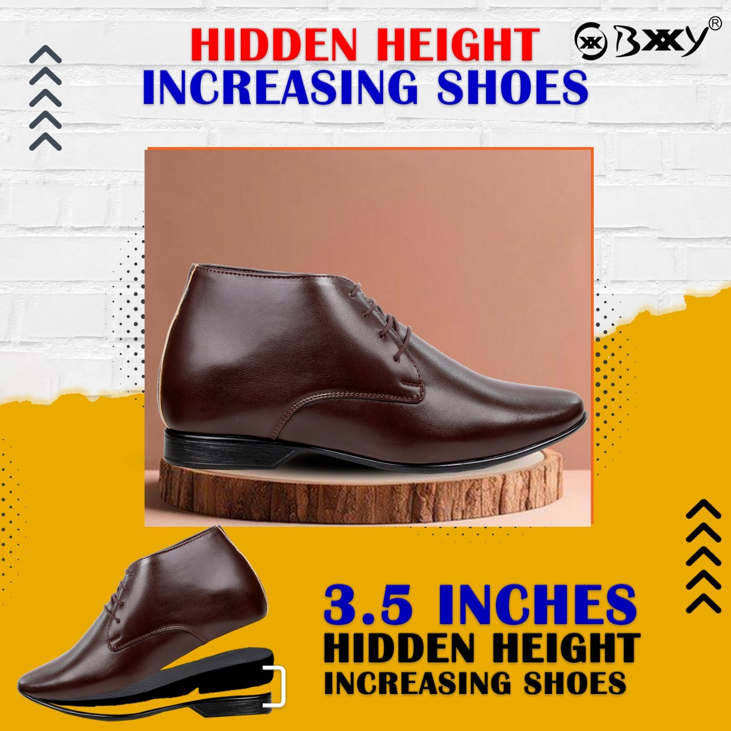 BXXY 9 cm (3.5 Inch) Hidden Height Increasing Formal Derby Boots for Men