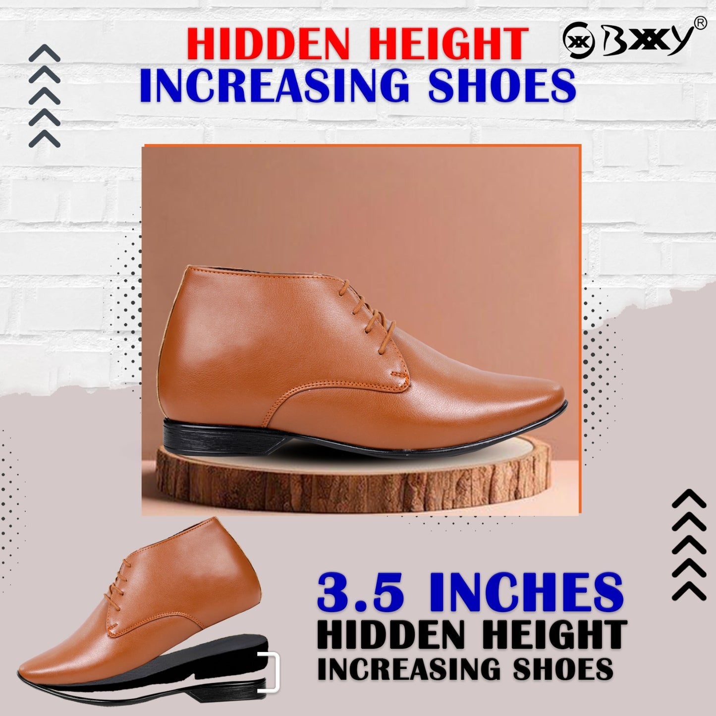 BXXY 9 cm (3.5 Inch) Hidden Height Increasing Formal Derby Boots for Men